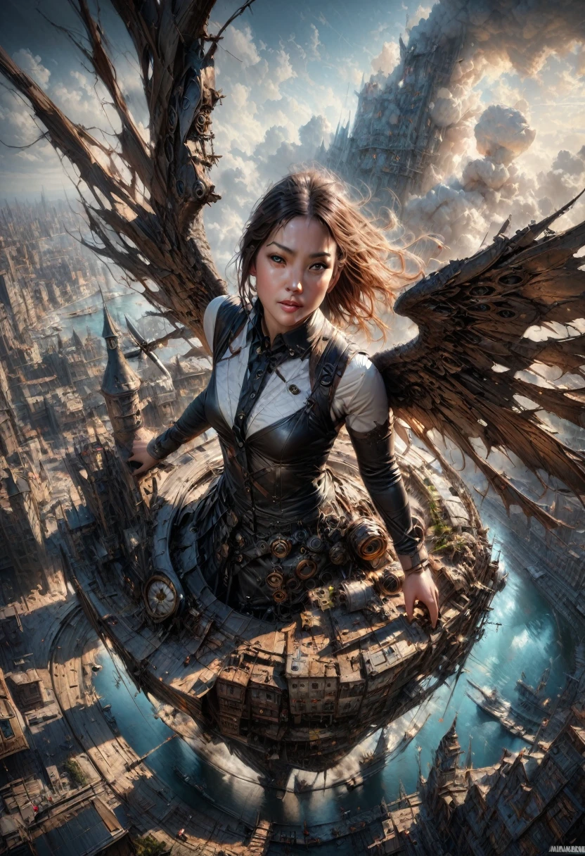 (best quality,4k,8k,highres,masterpiece:1.2),ultra-detailed,(realistic,photorealistic,photo-realistic:1.37),floating, Intricate Steampunk city floating on a cloud,abundant steampunk windmills and propellers,da vinci style wings, dramatic sky and dramatic lighting,artistic view