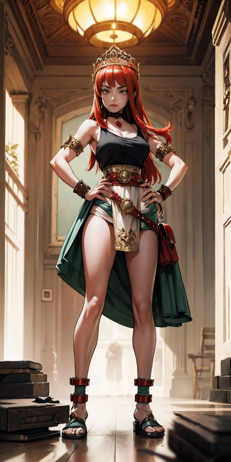 full body, whole body. 1solo (girl). slave fighter, loincloth standing, hands on hips full body, whole body. 1solo (girl). slave fighter, loincloth standing, hands on hips, metal sandals, backpack, choker, big belt, view from below, feet together, bracers, tiara