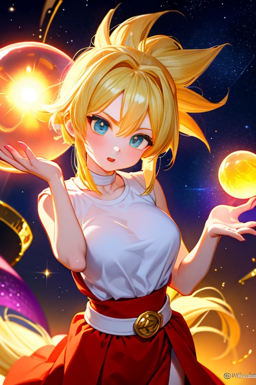 une femme de ans, dragon ball, warrior, cheveux blonds, super saiyan, sexy, aura of energy, dans l'espace, with the four-star crystal ball