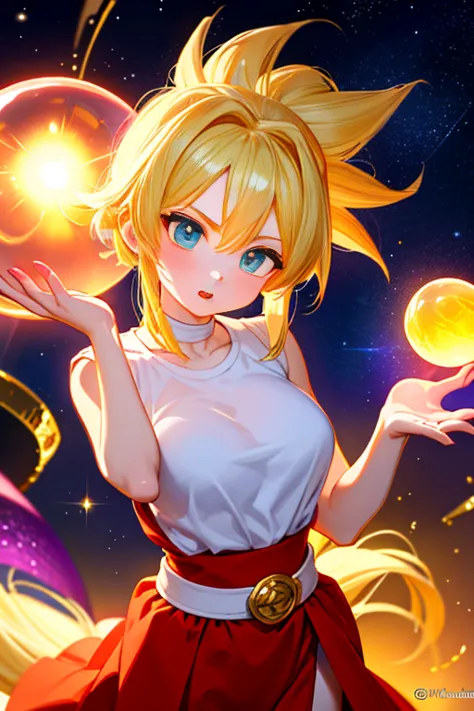 une femme de ans, dragon ball, warrior, cheveux blonds, super saiyan, sexy, aura of energy, dans l'espace, with the four-star cr...