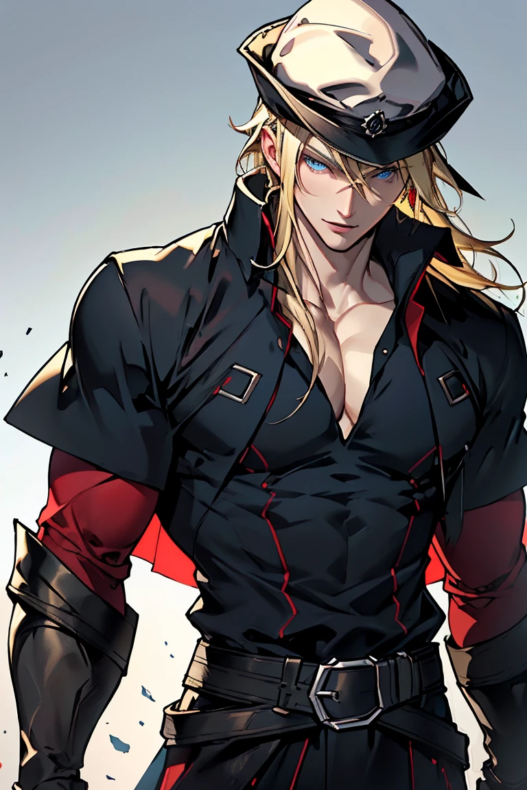 (Masterpiece, hiquality, Best Quality), (((solo))), Mature man,  (((blond length hair))), blue eyes, short blonde hair, ((pale skin)), blue eyes, color background, , black hat, black cape, (((red shirt))), Detailed outfit, Detailed