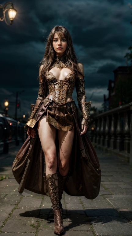 High-resolution ultra detailed photography, A Eurasian woman with tall height and feminine body figure rides a biomechanical dragon in full body pose, woman's clothing in steampunk style with lots of details and accessories, full body pose looking forward into the camera, ambience background at night with magical Lights, body and face realistically depicted in ultra detail, Clothing Maxi skirt with lace, Model woman rides a biomechanical dragon