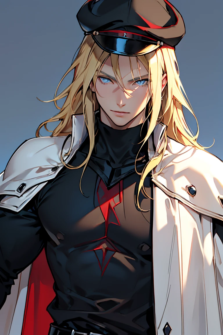 (Masterpiece, hiquality, Best Quality), (((solo))), Mature man,  (((blond length hair))), blue eyes, short blonde hair, ((pale skin)), blue eyes, color background, , black hat, black cape, (((red shirt))), Detailed outfit, Detailed