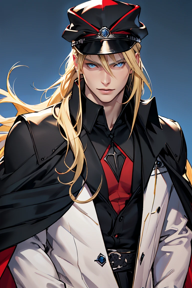 (Masterpiece, hiquality, Best Quality), (((solo))), Mature man,  (((blond length hair))), blue eyes, short blonde hair, ((pale skin)), blue eyes, color background, , black hat, black cape, (((red shirt))), Detailed outfit, Detailed