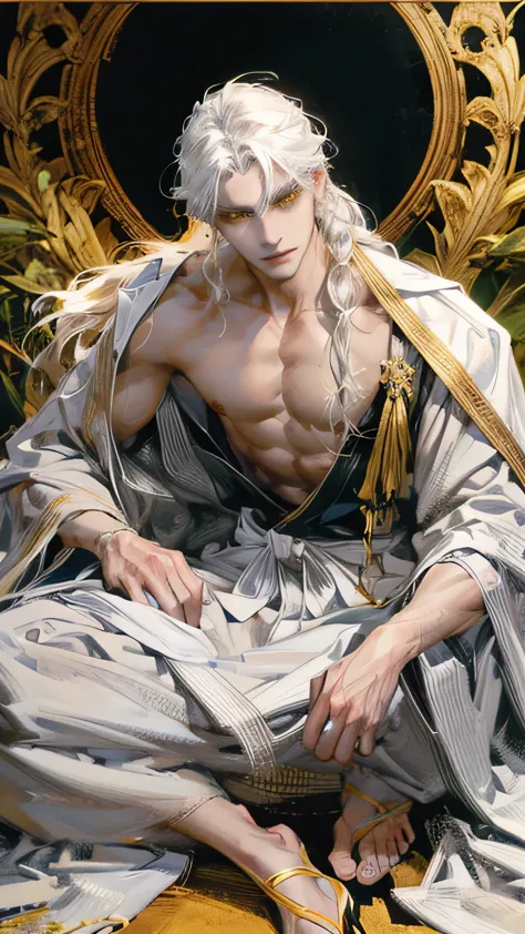 A mature adult man, long white hair, wavy hair. dark black skin. golden yellow eyes. He wears white long robes, no gold, all whi...