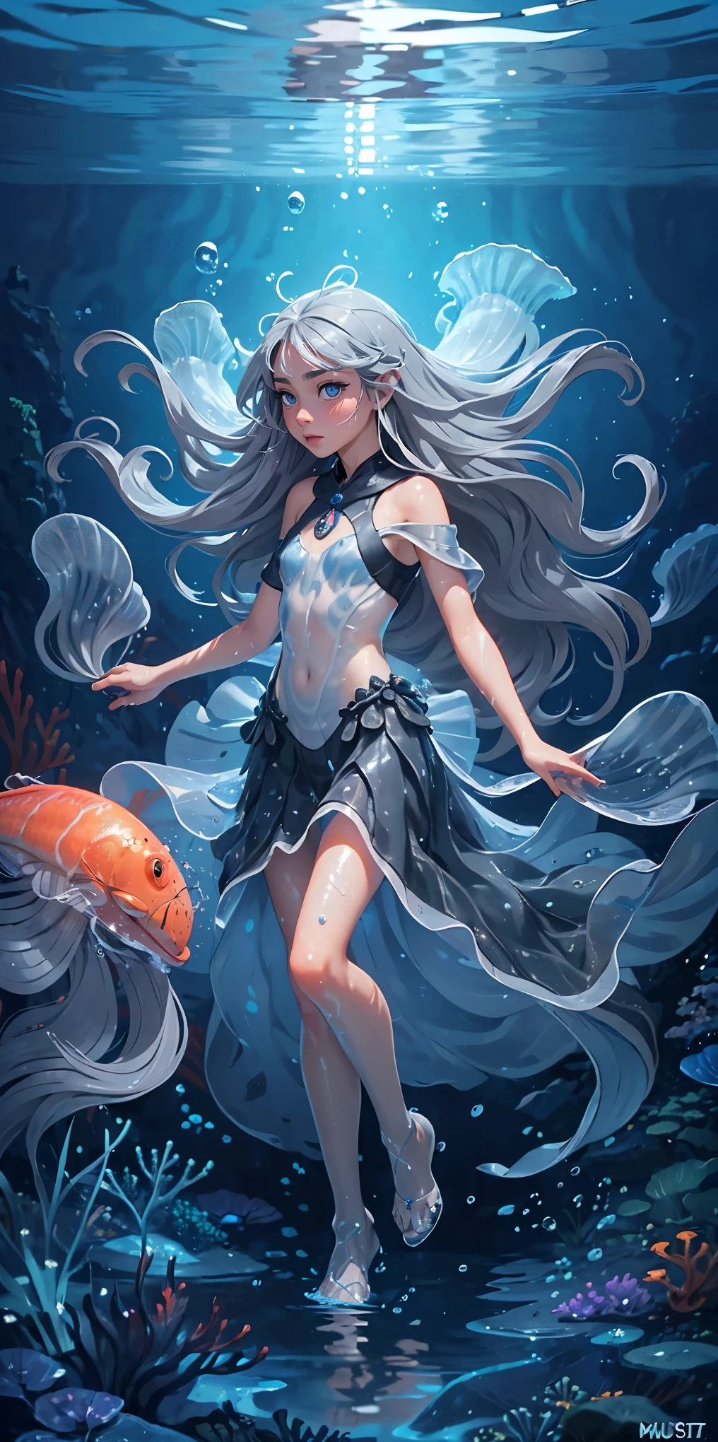 (muste piece), (best quality), very detailed, 1 girl, Solo Full Body Shot, perfect face, beautiful girl, very detailed顔，(long gray hair:1.5)，(blue eyes:1.4)，(float:1.4)，(in water:1.4)，seabed，bubble，School of small fish，Light，jellyfish，seaweed，Red fish，Yellow fish，deep sea，fantasy