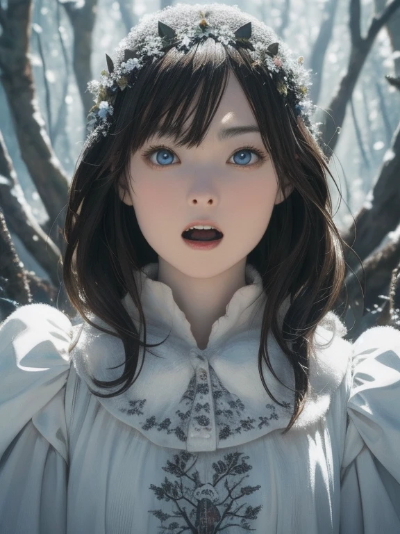 highest quality, masterpiece, Symmetrical and highly detailed eyes, girl, Highly detailed background, tendency (Art Station:1.46), Surreal, Cinema Lighting, Studio Quality, 8k resolution, masterpiece, Snow White runs from the depths of the forest., With a face screaming with fear、