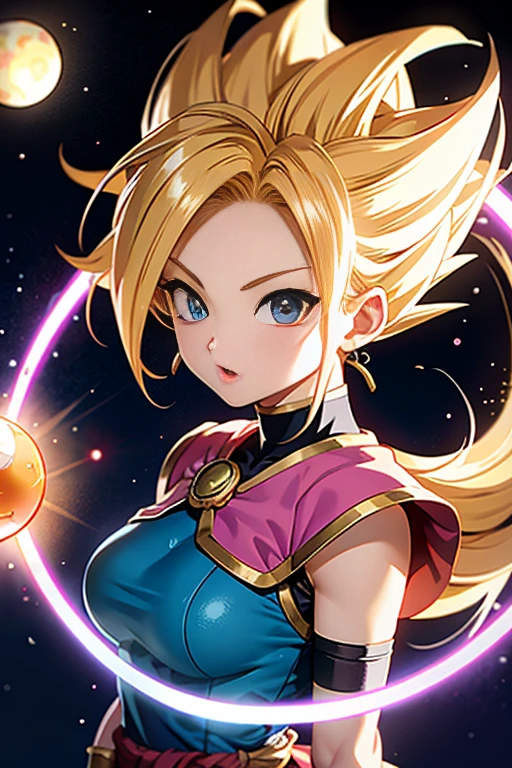 une femme de ans, dragon ball, warrior, cheveux blonds, super saiyan, sexy, aura of energy, dans l'espace, with the four-star crystal ball