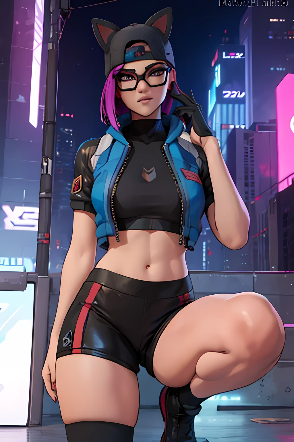 cyberpunk line , cap , black shorts with navy blue leggings, navy blue jacket ,extremely detailed, Detailed face, glasses ,beautiful face, fine eyes, looking at the viewer, feminine pose, evening 