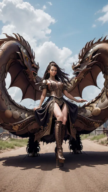 High-resolution ultra detailed photography, A Eurasian woman with tall height and feminine body figure rides a biomechanical dra...