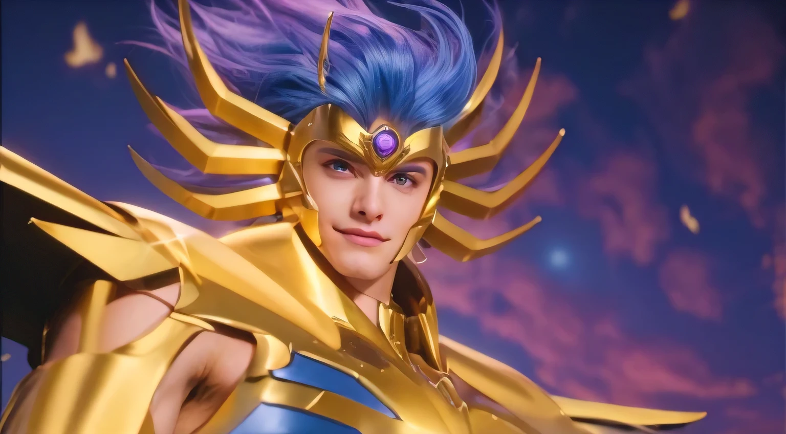 In a masterpiece of the highest quality (best quality:1.2), there is a MAN named Cancer from Saint Seiya, dressed as Cancer. The background is set in Greece, with its distinctive architecture and beautiful landscapes. Cancer has vibrant purple hair that adds a touch of uniqueness to his appearance. His face is well-defined and exudes a sense of strength and determination. The man's presence dominates the composition, showcasing his powerful character.beautiful androgynous face,face Cancer deathmask Saint seiya,evil face ,evil smile,jack nicolson face