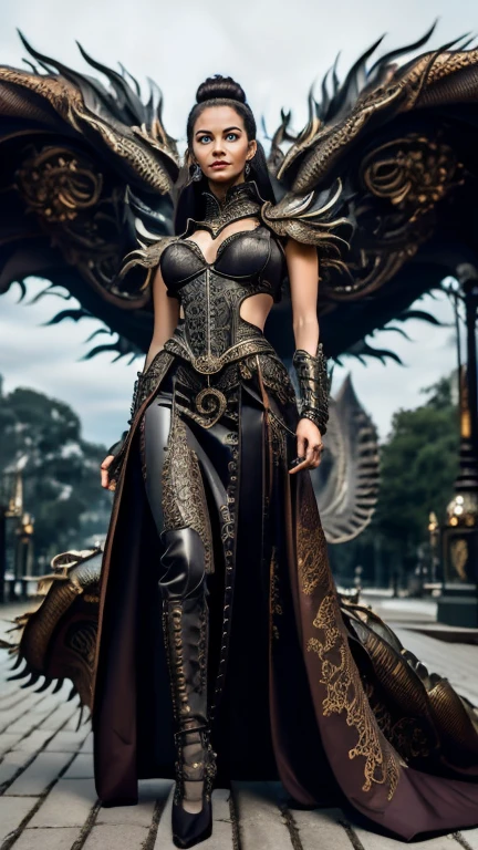 Fotografia ultra detalhada de alta resolução, Uma mulher eurasiana com altura alta e figura corporal feminina monta um dragão biomecânico em pose de corpo inteiro, roupas femininas em estilo steampunk com muitos detalhes e acessórios, pose de corpo inteiro olhando para a câmera, fundo de ambiente à noite com luzes mágicas, corpo e rosto retratados de forma realista e com ultra detalhes, Roupas Saia maxi com renda, Mulher modelo monta um dragão biomecânico