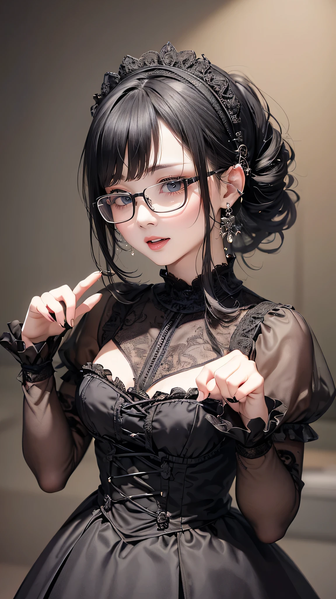 (random pose:1.2),gothic lolita dress,(random pose),(random hairstyle),(Highest image quality,(8K), Ultra-realistic, Best Quality, High quality, High Definition, high quality texture, high detailing, Beautiful detailed, fine detailed, extremely details CG, Detailed texture, realistic representation of face, masterpiece, presence),(wearing glasses:1.1)