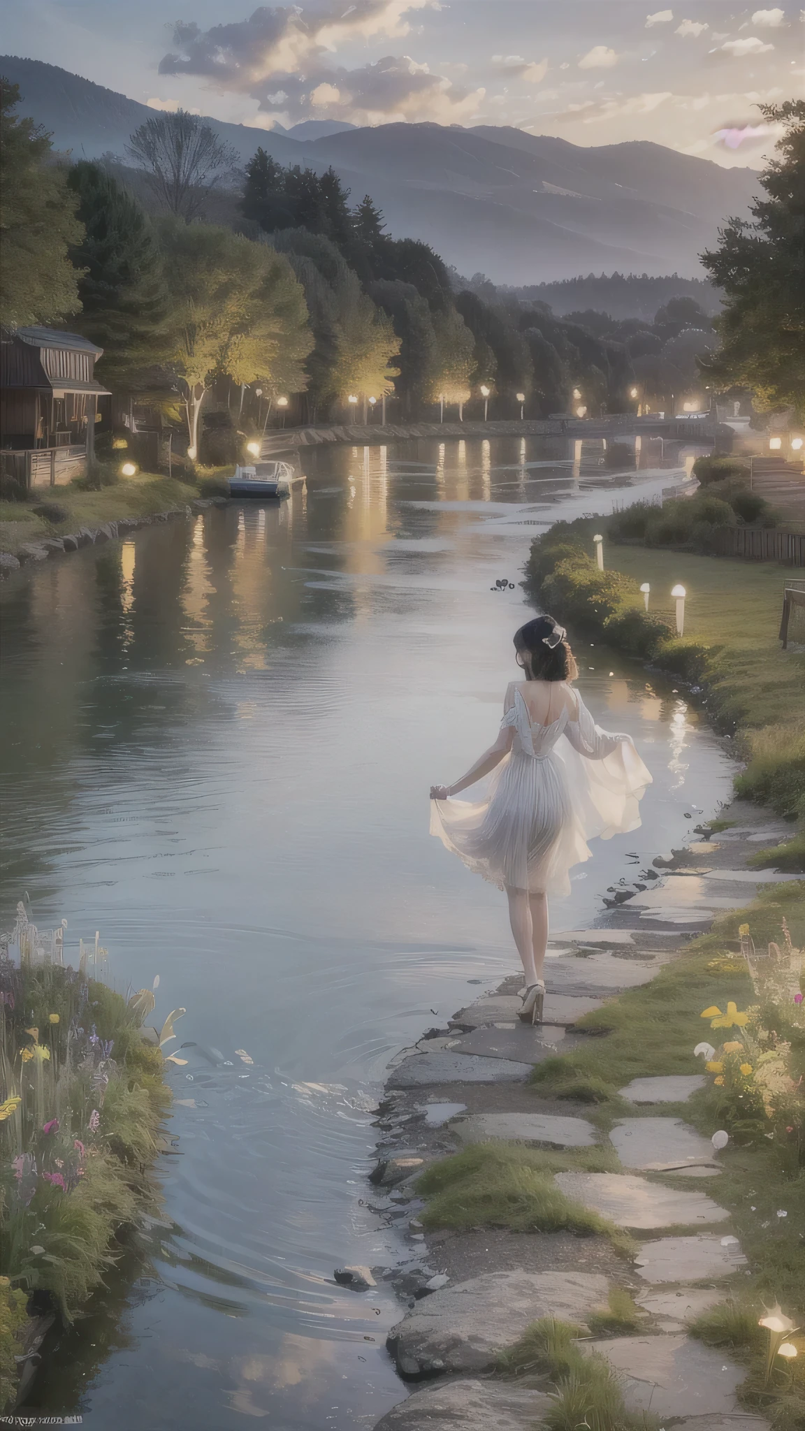 original, (masterpiece), (figure), (Very nice and beautiful), (Perfect detail), (Unity CG 8K Wallpaper:1.05), (Beautiful and clear background:1.25), (Depth of written boundary:0.7),One girl,Fun Shy , (Stand along the river:1.15).(Hair blowing in the wind:1.1),Butterflies are flying around, (Moonlight:0.6), wood, (summer), (night:1.2), (close:0.35), (gloves:0.8), alone ,