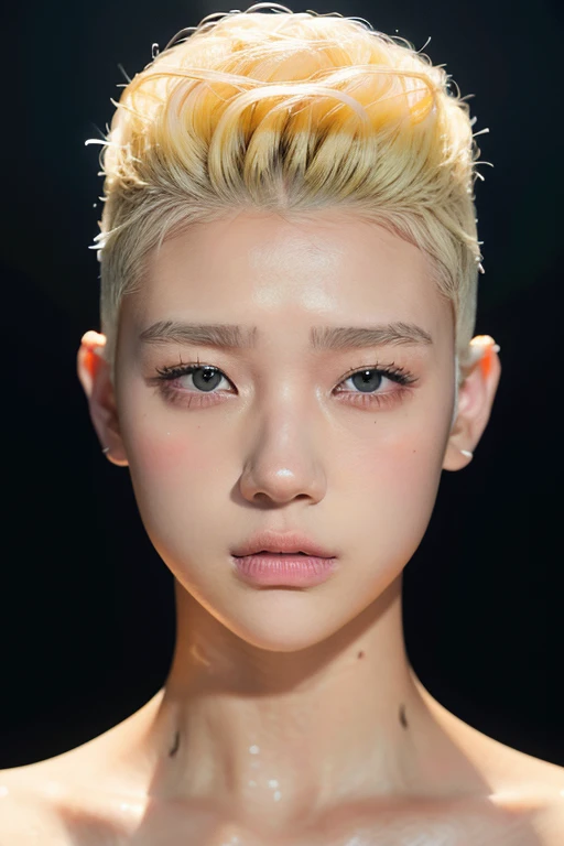 20-year-old woman、Blonde、(High Top Fade:1.3)、Woman warrior、Dark Theme、Calm colors調、Calm colors、High contrast、(Natural skin texture、Hyperrealism、Soft Light、sharp)