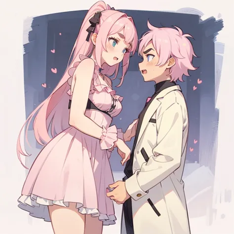 a man and a girl with pink hair, long double-tailed hairstyle ((small pink bushy eyebrows)), wearing lolita clothing, marked vag...