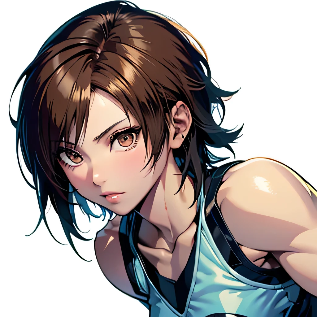 Asuka Kazama, lipgloss, honey eyes, flirty, cheeky, prickly hair, short hair, brown hair, muscles, sporty, realistic, mature, white background, muscular body, sexy