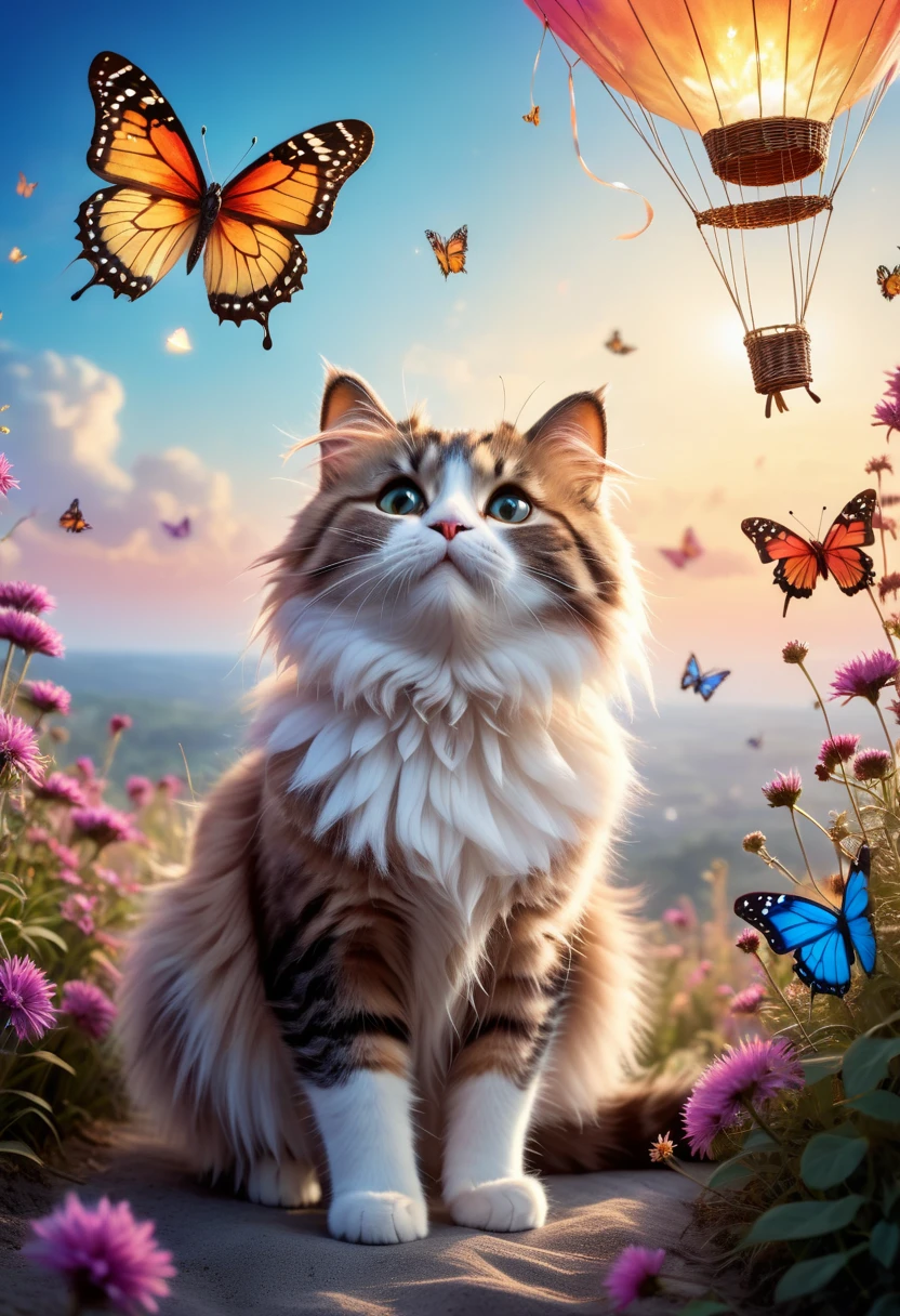 (best quality,4k,8k,highres,masterpiece:1.2),ultra-detailed,(realistic,photorealistic,photo-realistic:1.37),cute,tender,beautiful,adorable,gatito:lindo y tierno,up on a balloon,trying to catch a butterfly,enchanting magical scene,amazing atmosphere,colorful,vibrant,playful,magical lighting,soft and warm colors,magical glow,fluffy cat,curious expression,sparkling butterfly wings,dreamlike background,floating in the sky,peaceful,joyful,magical moment