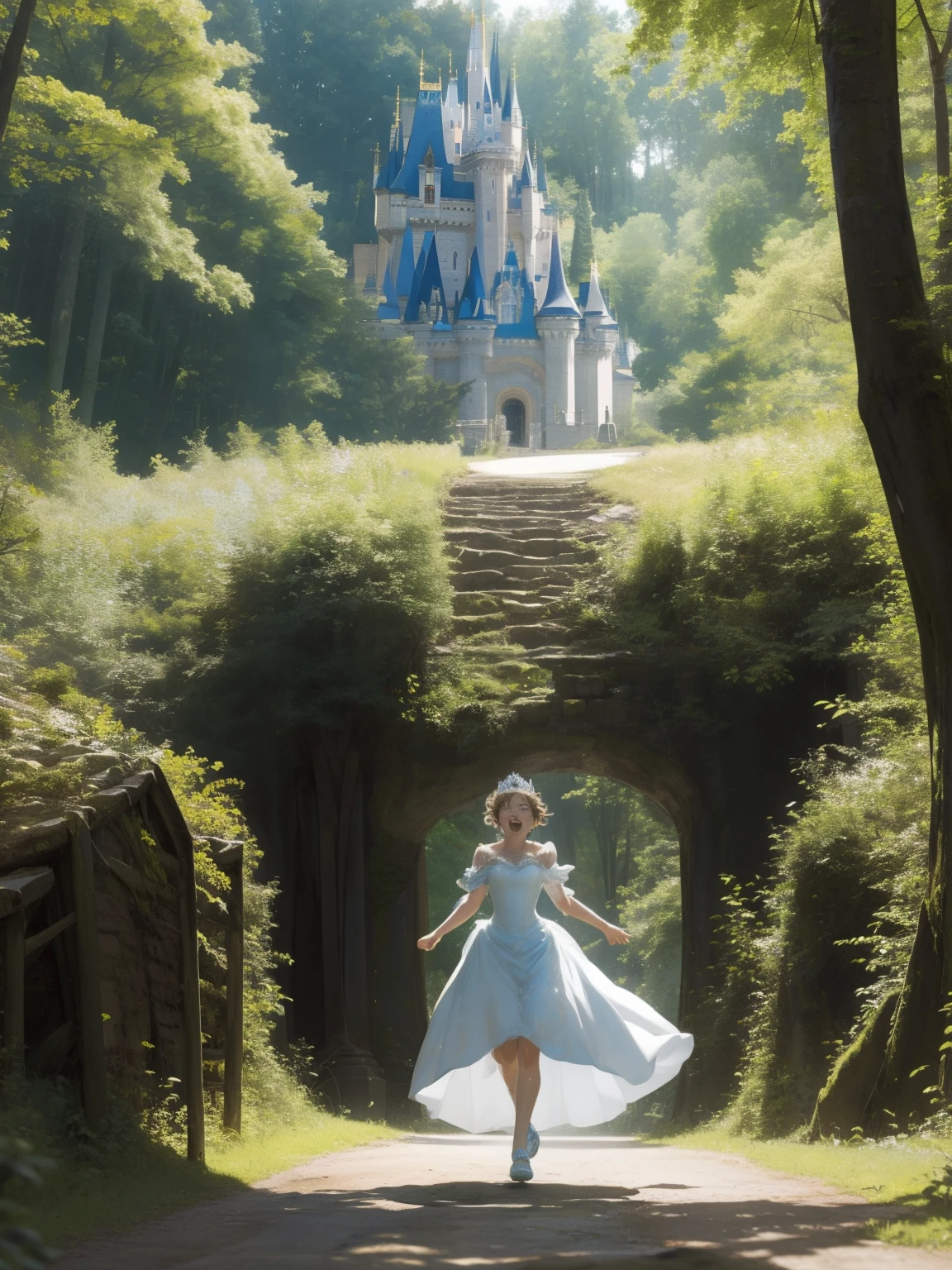 Cinderella comes running from the castle deep in the forest.、Sprinting through the forest、Running as if fleeing、A face full of fear、With a screaming face、Sweating profusely、Running away from the ugly prince、A road through the forest with many ruts、The depiction of the characters is small, prioritizing the scale of the forest.、tiara、white flared dress、Earrings、((Western fairy tale style))