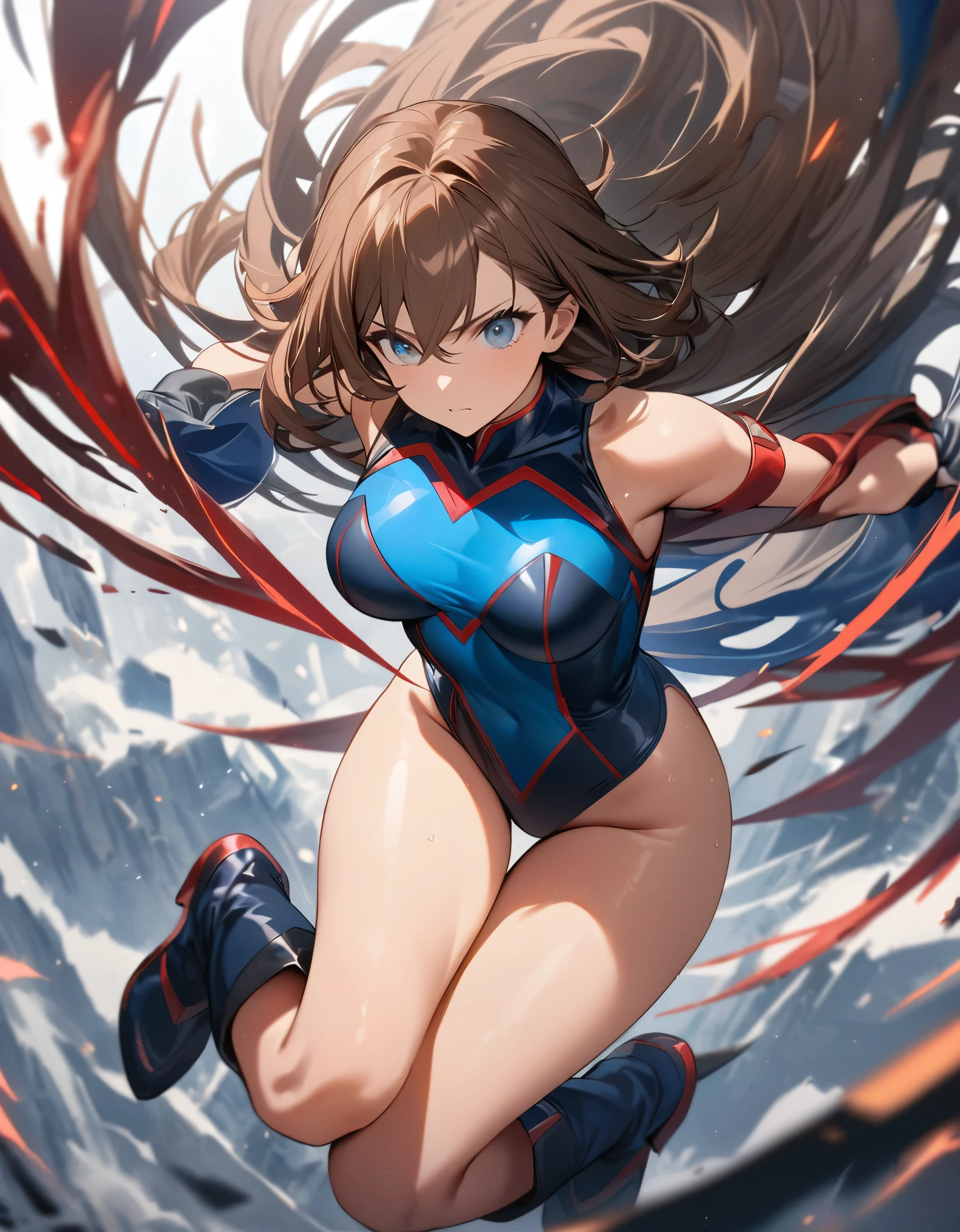 masterpiece, highest quality, high resolution,1girl, solo, solo focus, female superhero, medium breasts, leotard, red and blue leotard, bare legs, boots, matching boots, gloves, matching gloves, brown hair, blue-grey eyes, full body. she spins at an incredible speed, creating a whirlwind of air around her.