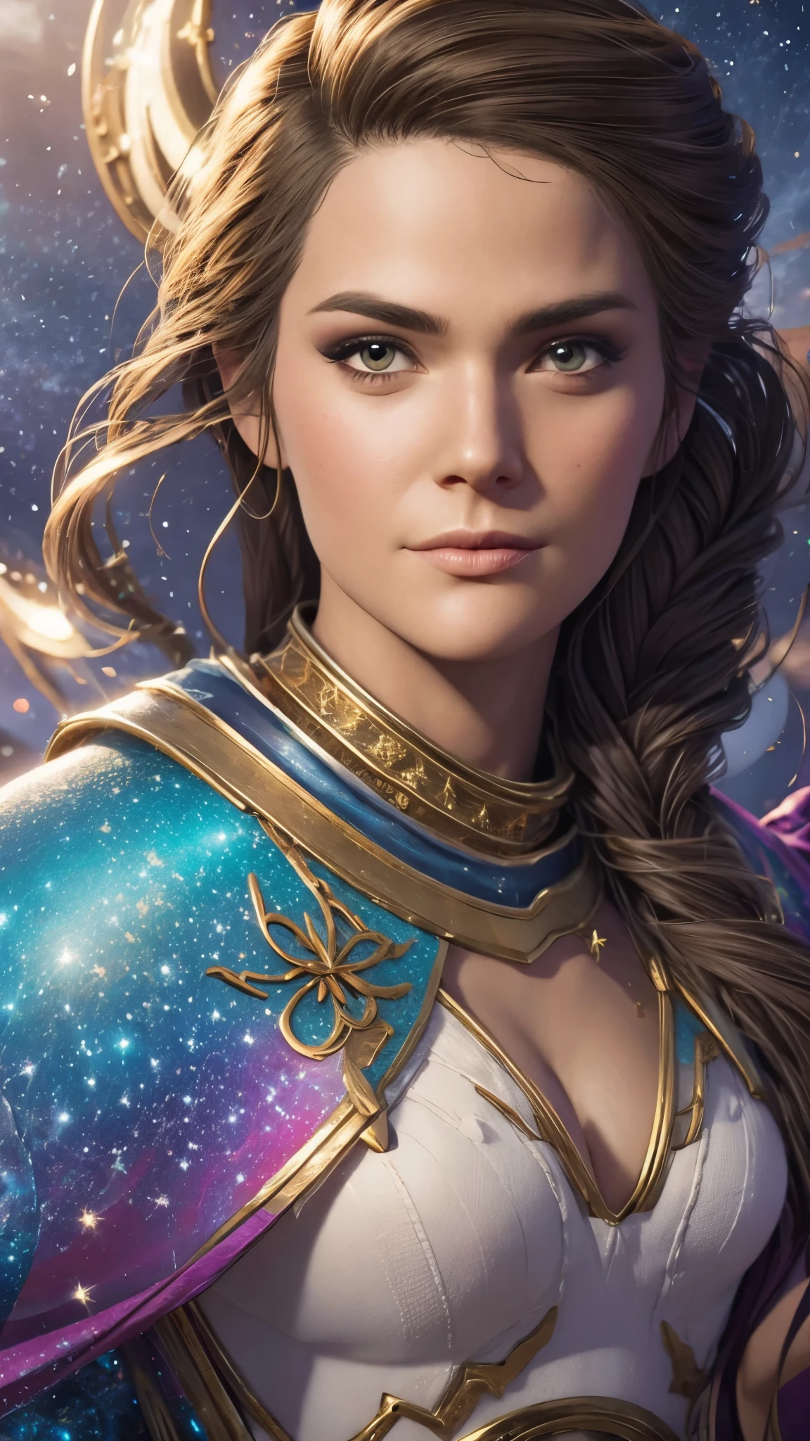 High detail, super detail, super high resolution, girl enjoying her time in the dream galaxy, surrounded by stars, warm light sprinkled on her, background is starry sky with colorful galaxies and galaxy clouds, stars flying around her, delicate face, adding playful atmosphere , --v6