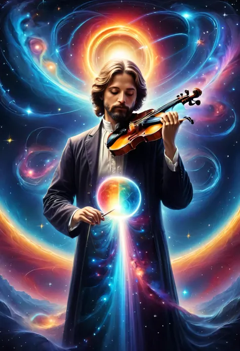jesus tocando violino sobre o universo celestial como se fosse uma pintura 