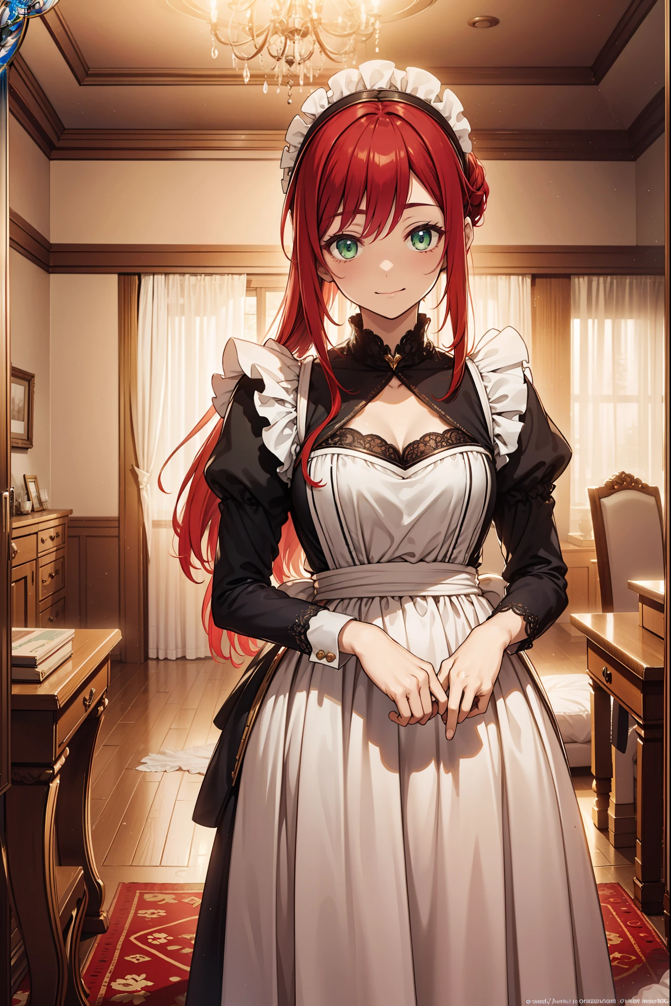 (Best quality, A high resolution, Textured skin, High quality, High details, High details,Extremely detailed CG unity), Enchanted，having fun，Being in love，housekeeper in fantasy world, crimson red hair, green eyes, exquisite costumes，solo person，long elegant dress, A small amount of lace，Dazzle, woman, beautiful, (maid), (house keeper), (in grand home), (luxurious house), house keeper female, more details, detailed home scene, home detailed