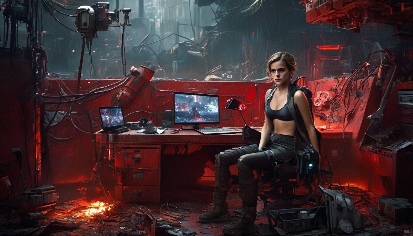 Emma Watson sitting on a red armchair facing the viewer in an apocalyptic wasteland environment, pigtailed hair, ripped dark grey leather clothes, open shirt, highly detailed face, slightly smiling, legs spread, very short dark worn socks, electronic lab tools on a workbench and computer parts laying around, screens show dark themed user interfaces, LEDs on several devices illuminate the room and show activity