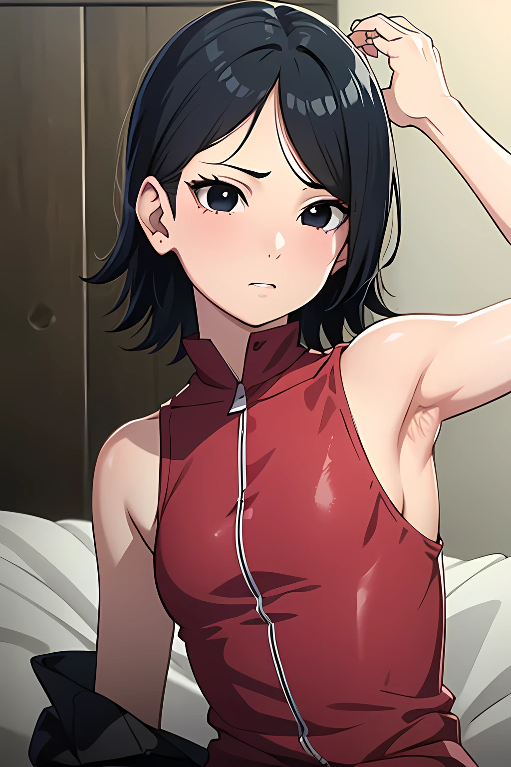 Anime girl in red dress sitting on bed with arm raised - SeaArt AI