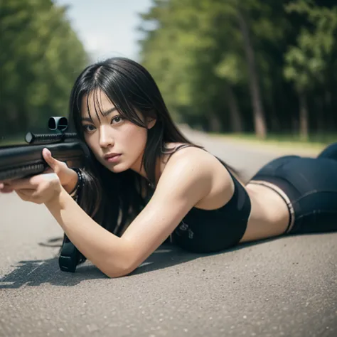 Generated in SFW, masterpiece, highest quality, Anatomically correct, Very detailed, 街でライフルを持った少女がShooting while lying on the gr...