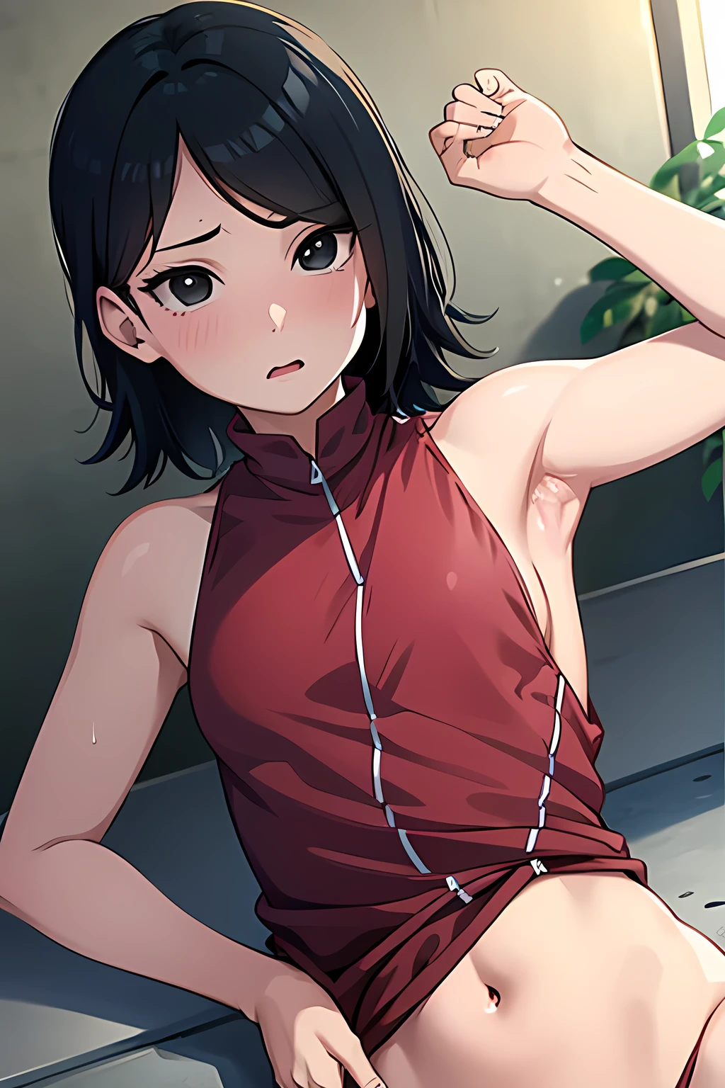 Anime girl in red top and black shorts posing for camera - SeaArt AI