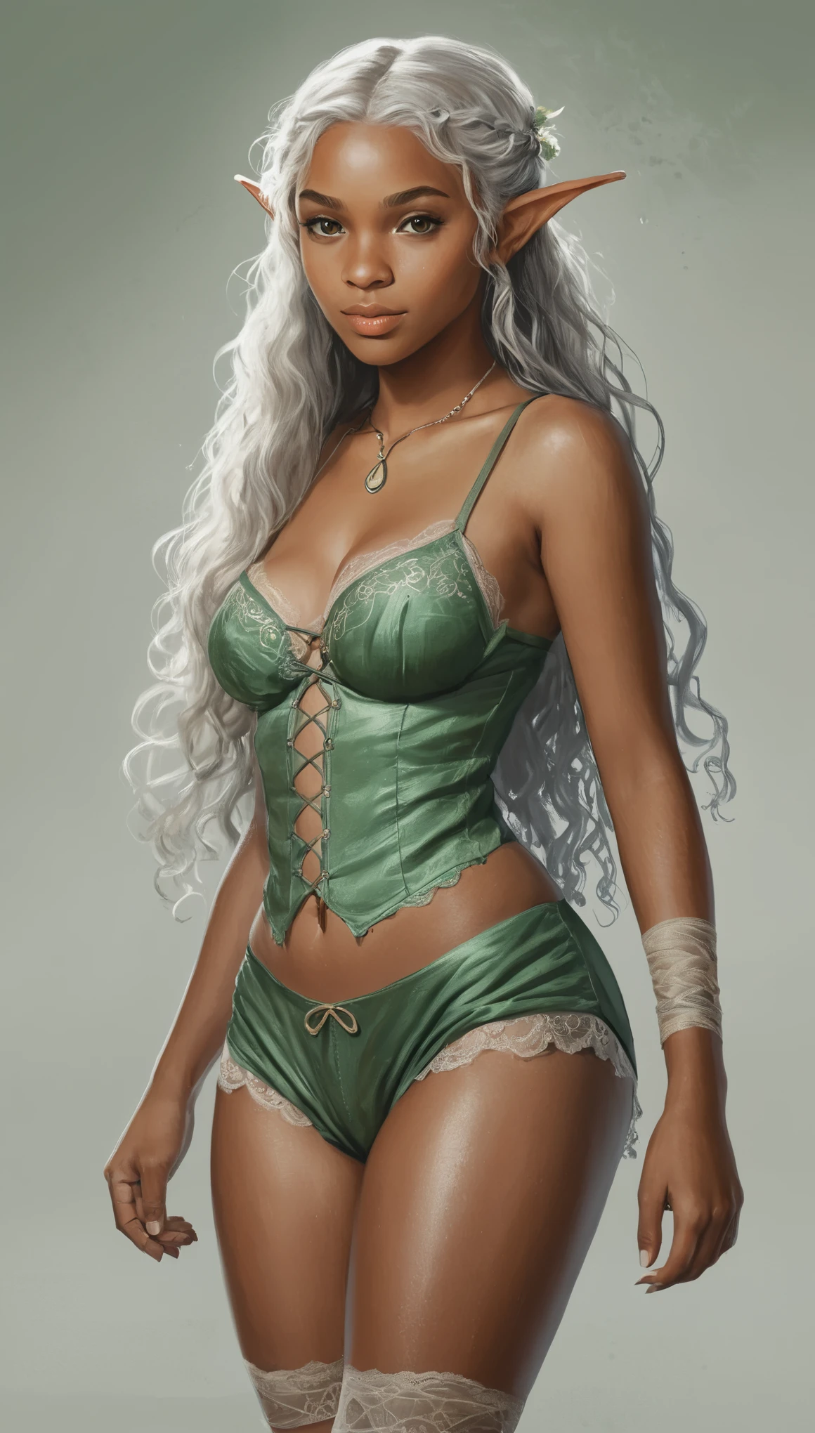 An illustrated movie poster, hand-drawn, full color, a teenage elven girl, wearing a lace bralette and bloomer shorts, light brown skin, African-American, Amazonian body, very tall, athletic, hourglass figure, curvy, bottom-heavy, generous hips, massive bubble-butt, long legs, ridiculously thick powerful thighs, hazel green eyes, long pointy elf ears, ash silver hair, long loose curls, posing with butt facing toward camera, early morning fog, wet glistening skin, hard shadows, graphite shading, stencil marks, airbrushed acrylic paint, masterpiece, in the style of Lord of the Rings 