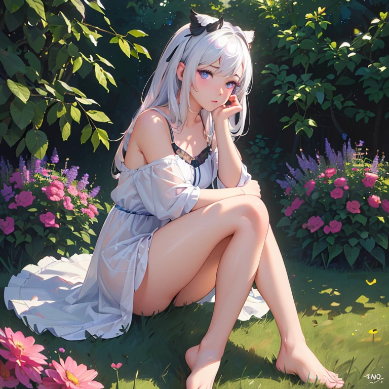 (best quality,4k,8k,highres,masterpiece:1.2),ultra-detailed,(realistic,photorealistic,photo-realistic:1.37),illustration,soft lighting,a girl with white hair,deep purple eyes,glowing eyes,sitting down,barefoot,face blushing,in a garden at night,flowers.