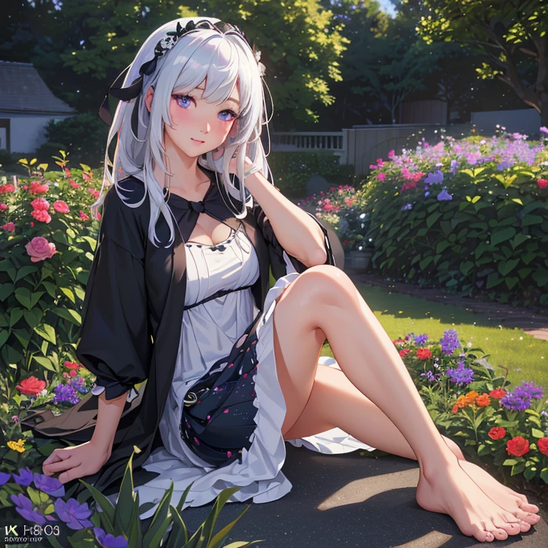 (best quality,4k,8k,highres,masterpiece:1.2),ultra-detailed,(realistic,photorealistic,photo-realistic:1.37),illustration,soft lighting,a girl with white hair,deep purple eyes,glowing eyes,sitting down,barefoot,face blushing,in a garden at night,flowers.