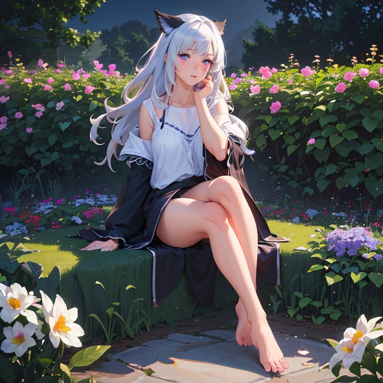 (best quality,4k,8k,highres,masterpiece:1.2),ultra-detailed,(realistic,photorealistic,photo-realistic:1.37),illustration,soft lighting,a girl with white hair,deep purple eyes,glowing eyes,sitting down,barefoot,face blushing,in a garden at night,flowers.