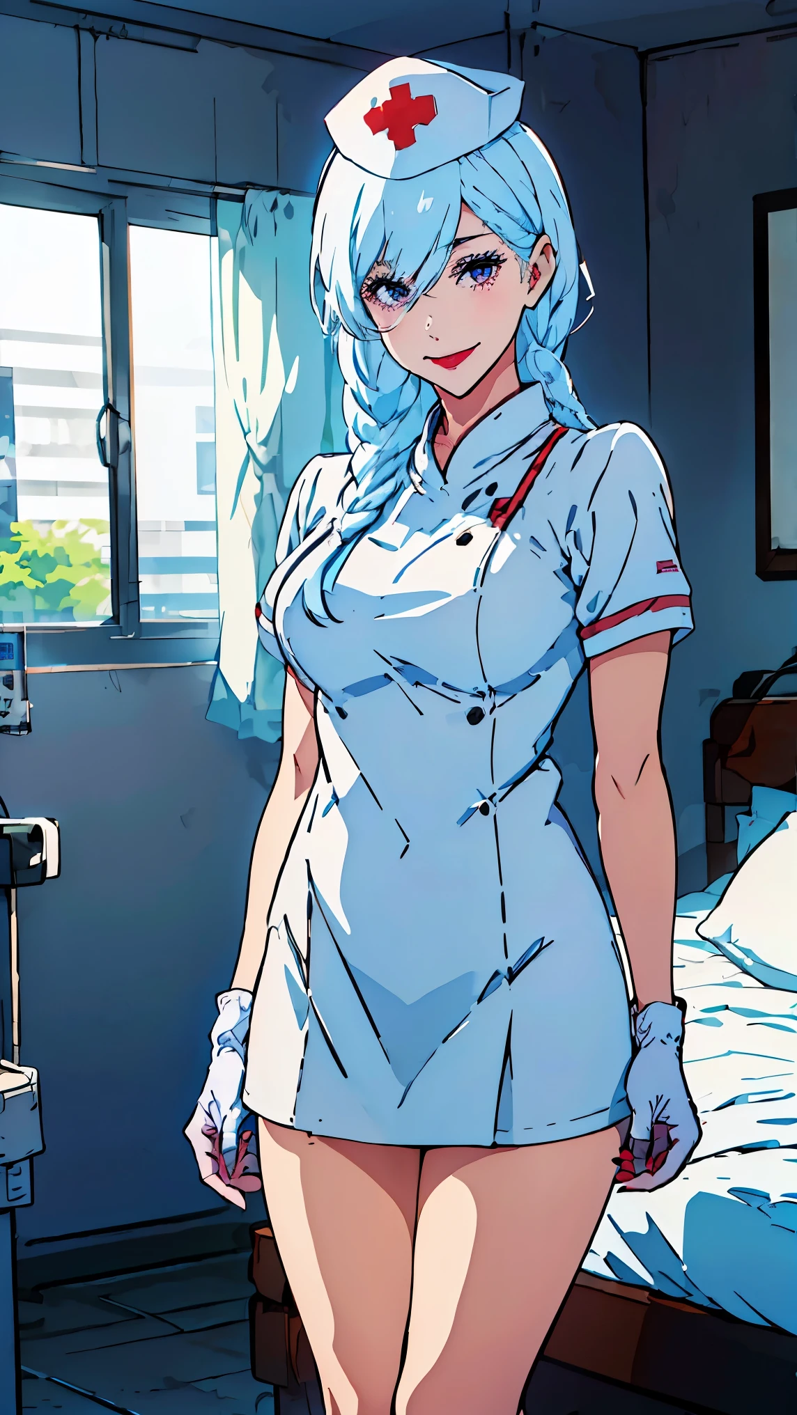 Anime nurse in uniform standing in a room with a bed - SeaArt AI