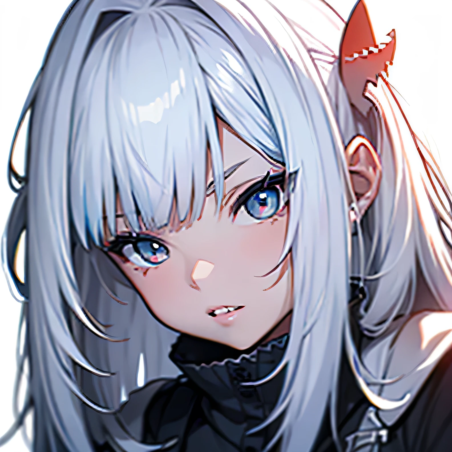 Girl, light blue and white hair, pale, lips, white background, straight hair, bangs, light white eyes, confident, sharp teeth, shark teeth, 