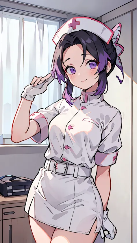Girl1,Nurse, wearing white, ((nurse cap,white legs, Zetai Ryuki)), white gloves, standing, ((hospital room)), short sleeves,sedu...
