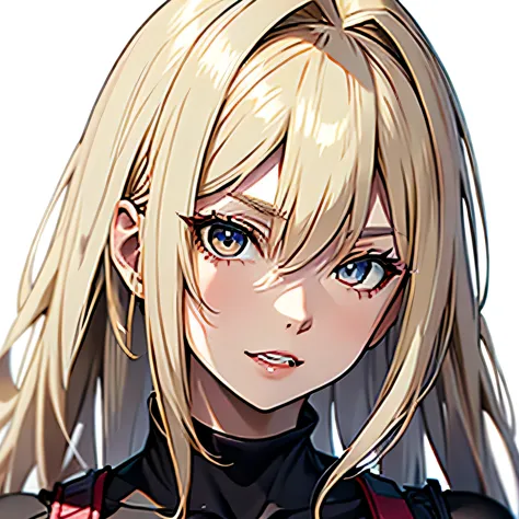 girl, light blonde hair, pale, lips, white background, hazel eyes, confident, sharp teeth, shark teeth, nothing on top of the he...