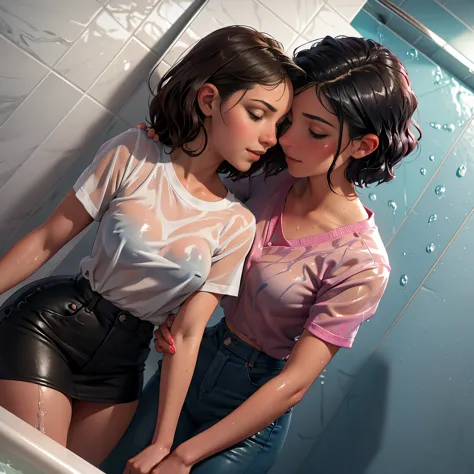 two women in a bathroom looking at each other, lips touching, wet shirt, lesbians, wet, bottom angle, soaking wet, under a showe...