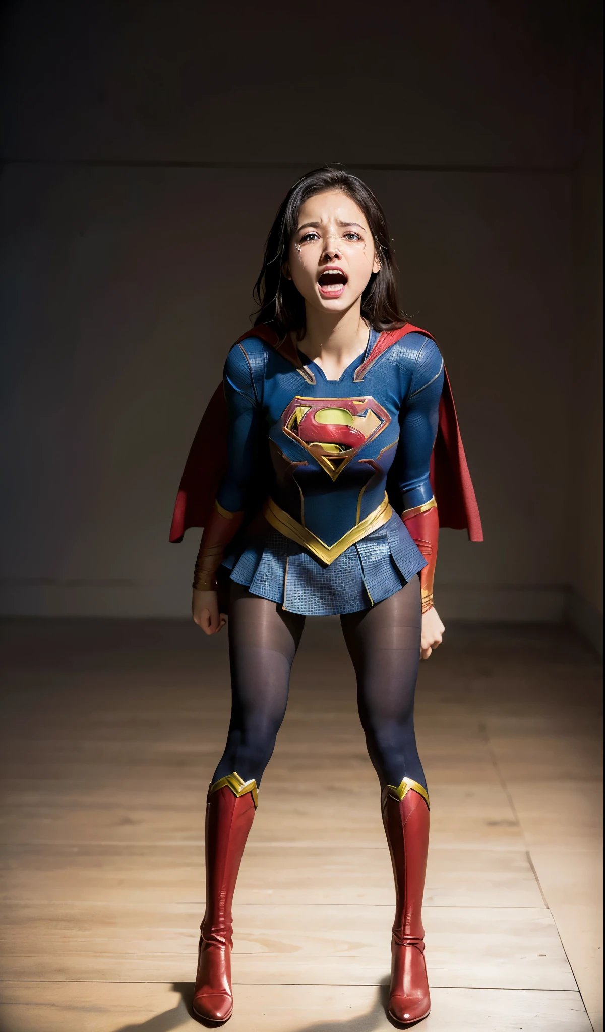 A woman dressed as a superman standing on a wooden floor - SeaArt AI