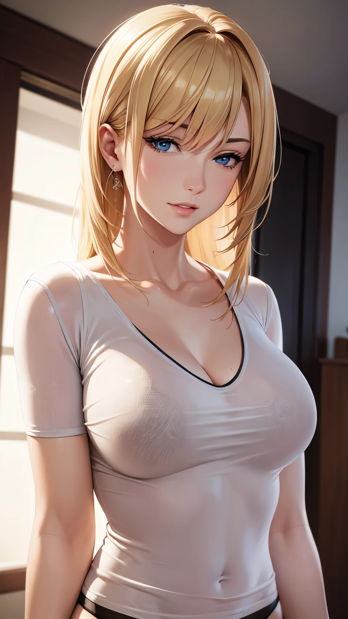 1 Female,High definition,high resolution,Ultra-realistic,8K, blonde,European,sexy,Upper body close-up,Photographed from the front,Dynamic Angles,private teacher,Y-shirt,A little sheer underwear