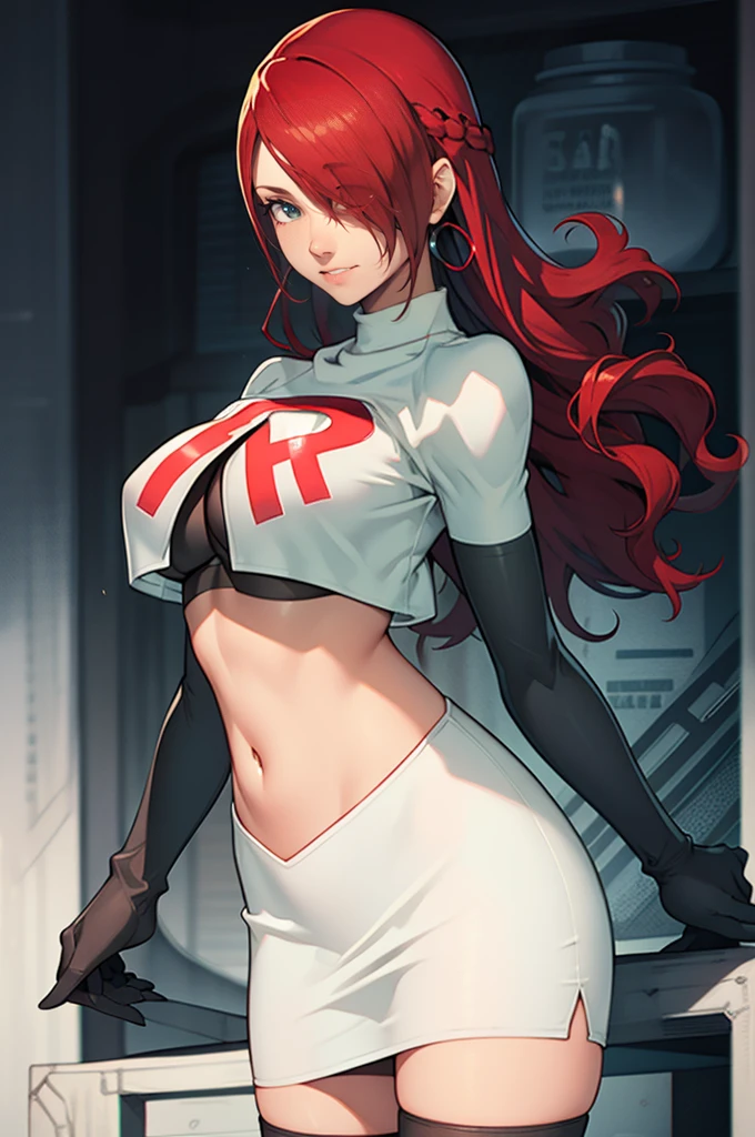 Persona3Mitsuru, red hair, hair over one eye ,glossy lips , Team rocket, team rocket uniform, red letter R, white skirt,white crop top,black thigh-high boots, black elbow gloves, evil smile, earrings, large breasts