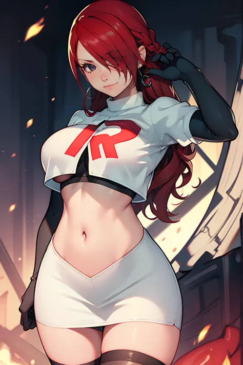 persona3mitsuru, red hair, hair over one eye ,glossy lips , team rocket, team rocket uniform, red letter r, white skirt,white cr...