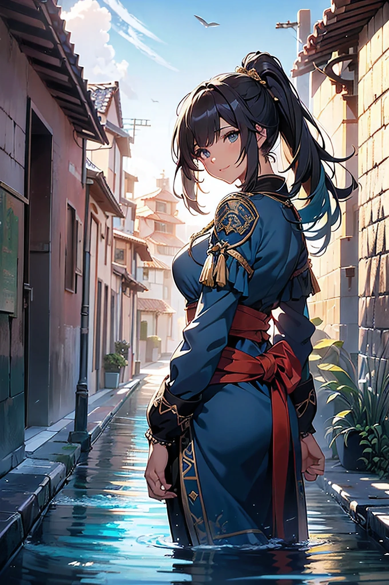 (8k, RAW photo, Best Quality, (masterpiece, super high quality, Super detailed), anime style landscape, (((Random hair colors))), young girl, Absolute, scarlet sails, girl looking at the sea from the coast, camera looking at the sea, intricate details, sailing ship with scarlet sails, A scene from a novel by Alexander Greene. "scarlet sails" A beautiful women posing for a photograph in an alley, brown ponytail, hits, happy laugh, blue eyes, muscular lean body, Perfect anatomy, Looking to the camera, Time of the day, blue sky, animated style, outdoor, trend in artstation, Oh!, very sensual sakimichan, with original clothing full body, very realistic, extremely realistic, extremely sexy, 8k, Extremely detailed 8k), (an extremely delicate and beautiful), (masterpiece), (Best Quality: 1.0), (ultra high resolution:1.0)