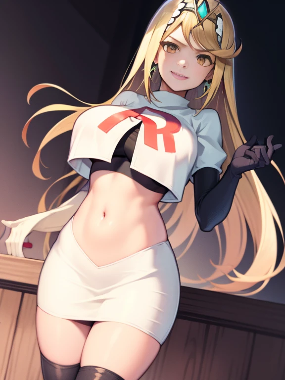 mythra \(xenoblade\), blond hair, yellow eyes, Team rocket, team rocket uniform, red letter R, white skirt,white crop top,black thigh-high boots, black elbow gloves, evil smile, earrings, large breasts