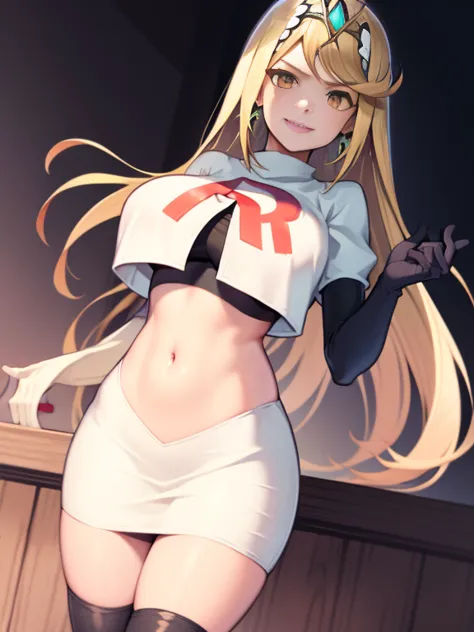 mythra \(xenoblade\), blond hair, yellow eyes, team rocket, team rocket uniform, red letter r, white skirt,white crop top,black ...