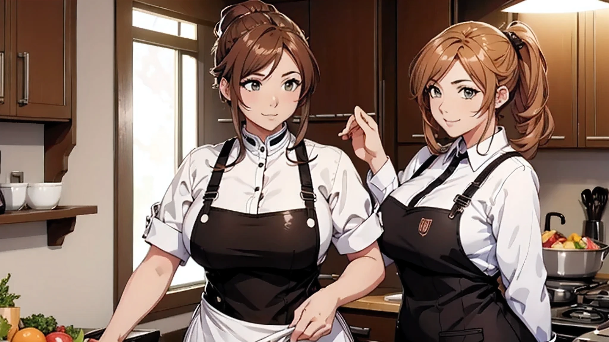 anime style character, A confident, curvy woman with a captivating smile, ((fine and detailed hands)), showing her figure and a well-defined waist, butt, back view, in a lovely kitchen scene, where she exudes the role of a skilled and stylish housewife, wearing a beautifully designed apron, Perfectly preparing a delicious dinner to impress everyone.