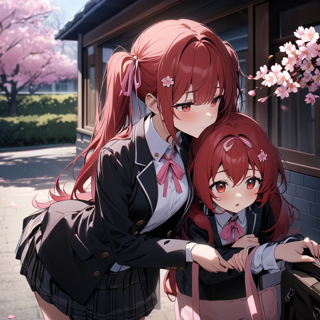 High quality, high definition, hig
h precision images,8k 2Girl Robot Girl、red hair,Twin tails,Red eyes,Leaning forward Head decoration、School stuff,have a student bag,The cherry blossoms bloom,White shirt, black jacket, pink ribbon on the chest,Mekastyle barrette,Behind the school building,The two of us are kissing,One person is putting his hand inside her skirt、We both close our eyes