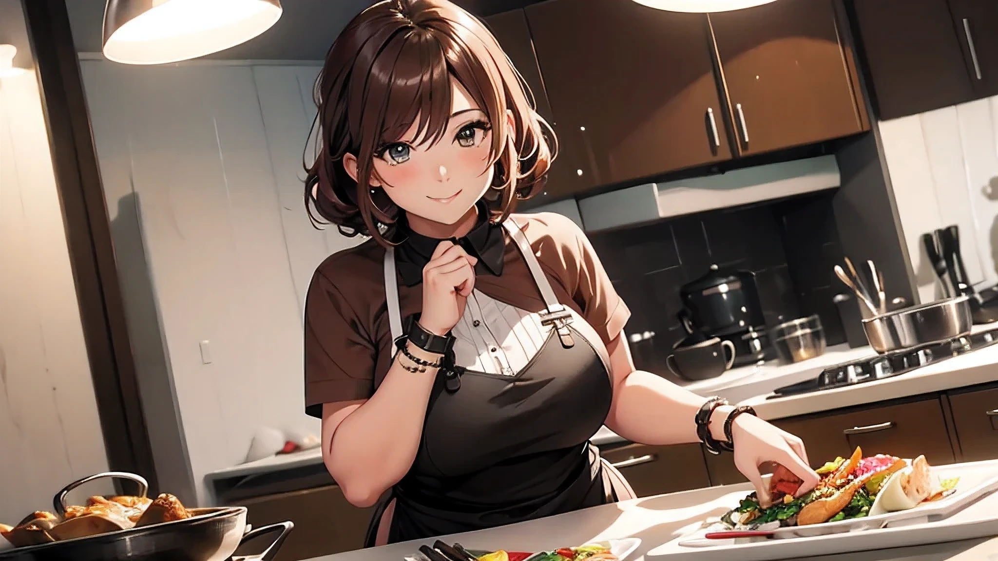 anime style character, A confident, curvy woman with a captivating smile, ((fine and detailed hands)), showing her figure and a well-defined waist, butt, back view, in a lovely kitchen scene, where she exudes the role of a skilled and stylish housewife, wearing a beautifully designed apron, Perfectly preparing a delicious dinner to impress everyone.